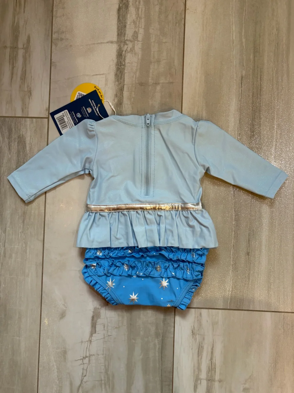 NWT RuffleButts Blue Glass Slipper Princess Long Sleeve Rash Guard Swimsuit 0-3M